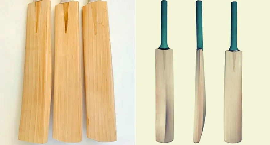Comparison of raw unshaped willow clefts next to three finished plain cricket bats with teal grips.