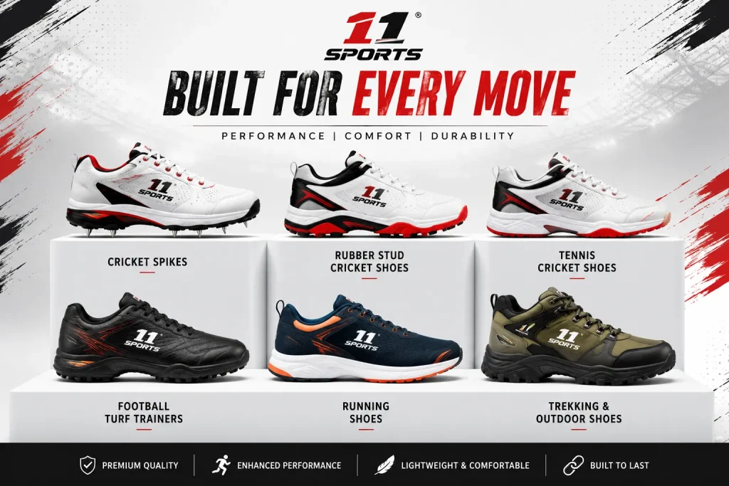 11Sports footwear range featuring cricket spikes, rubber studs, tennis cricket shoes, turf trainers, runners, and trekking boots.