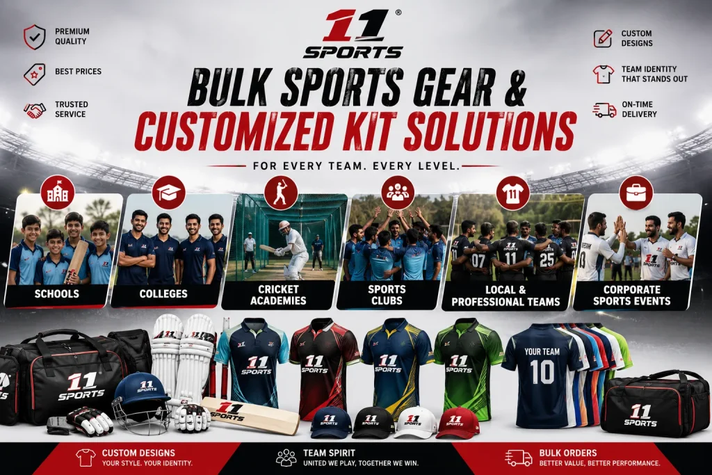11Sports institutional bulk supply banner showing custom team jerseys, kit bags, bats, pads, and squad photos.