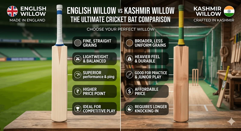 Infographic comparing English Willow and Kashmir Willow cricket bat grain structure, balance, ping, and pricing.