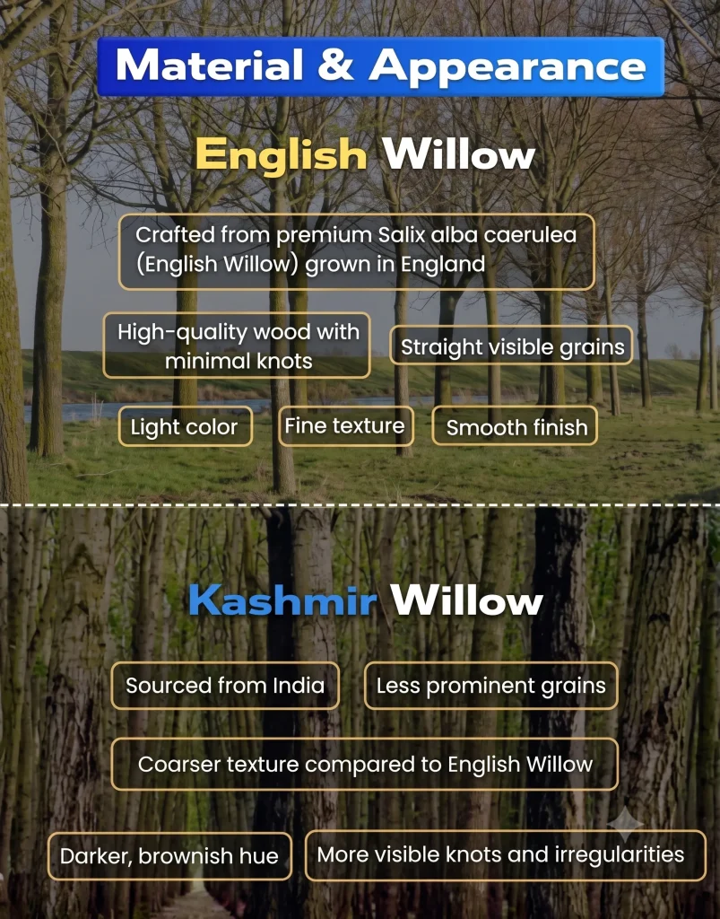 Educational chart outlining material, wood texture, grain visibility, and appearance of English and Kashmir willow.