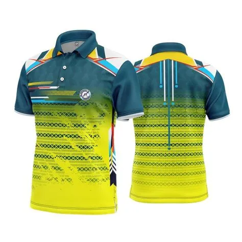 Front and back view of 11Sports teal and lime yellow sublimated cricket polo jersey.