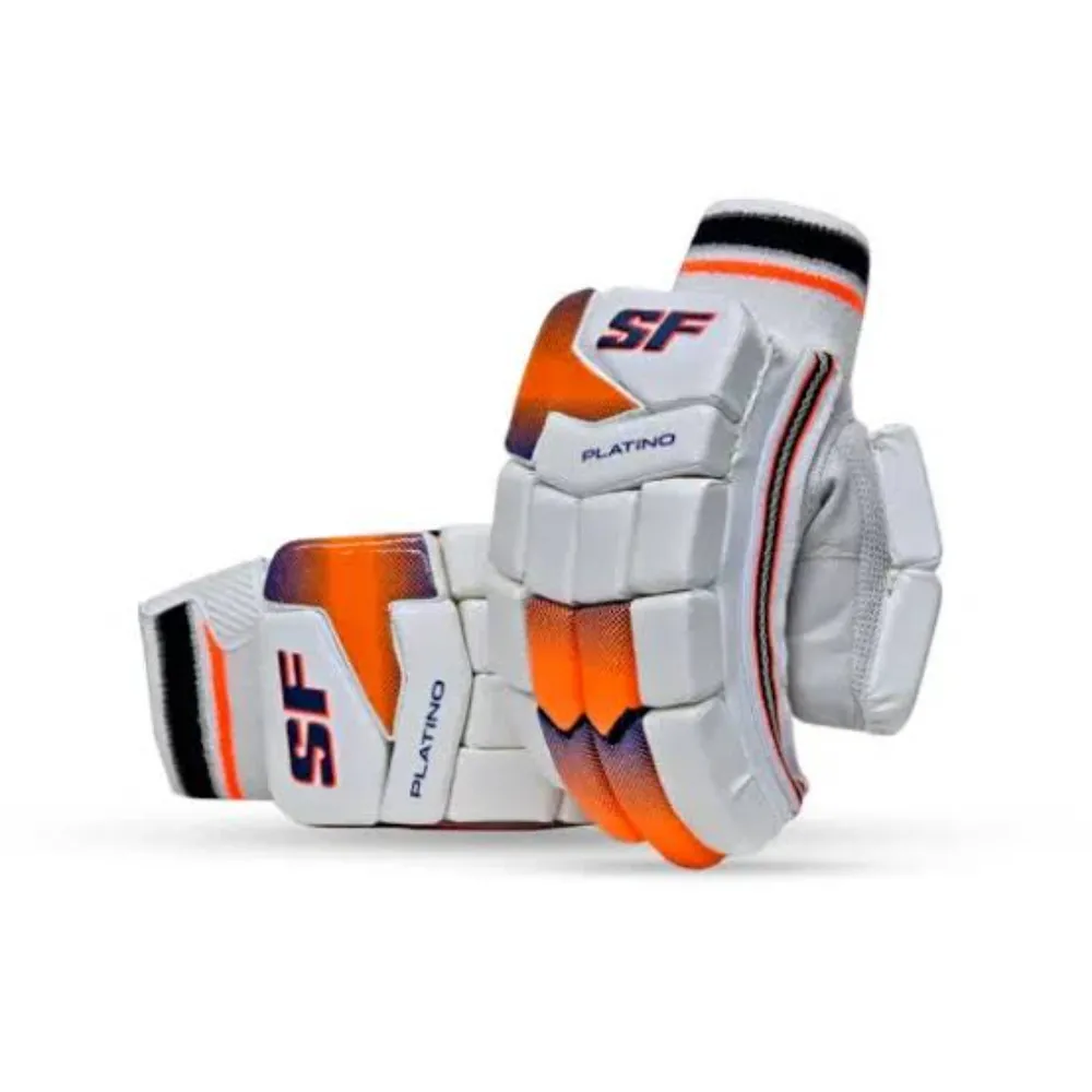 Pair of 11Sports white batting gloves featuring gradient orange and navy block padding.