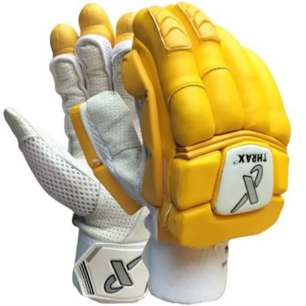 Pair of 11Sports bright yellow cricket batting gloves showing split-finger padding and breathable white palm.