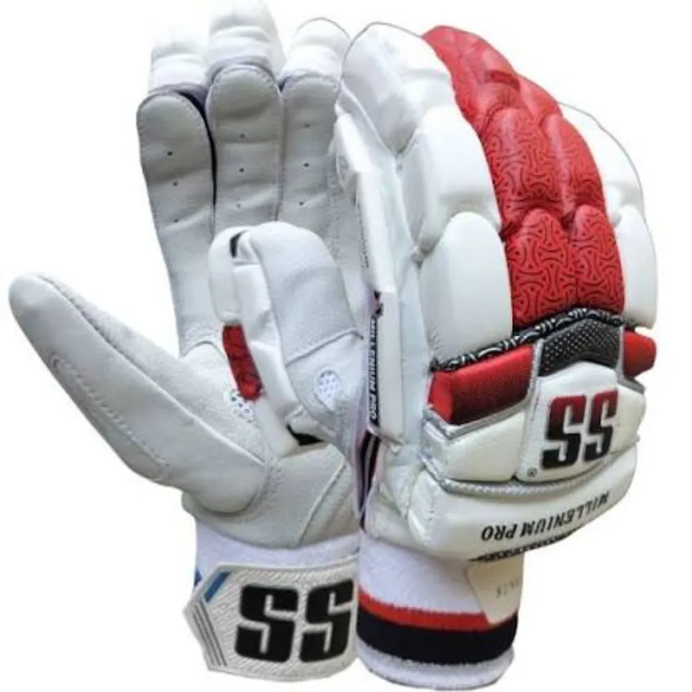 11Sports white and red cricket batting gloves showcasing textured impact blocks and soft leather palm.
