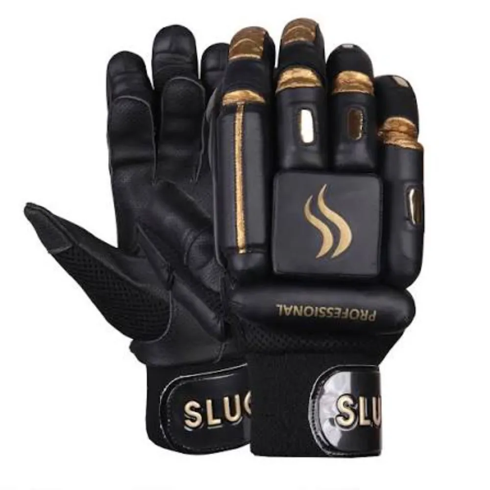 11Sports matte black leather batting gloves with metallic gold finger accents and wrist strap.