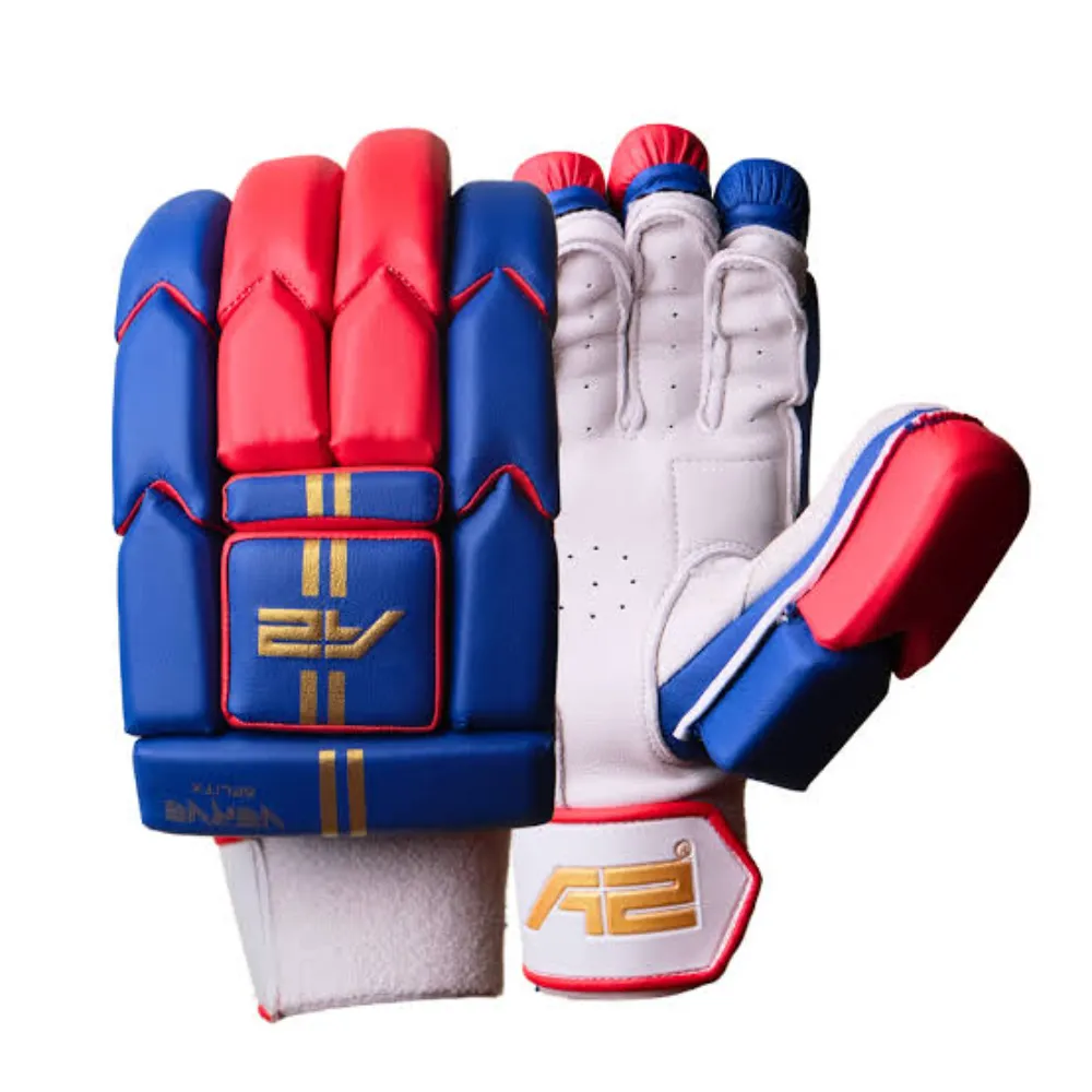 11Sports royal blue and red split-finger batting gloves showing front protection block and white leather palm.