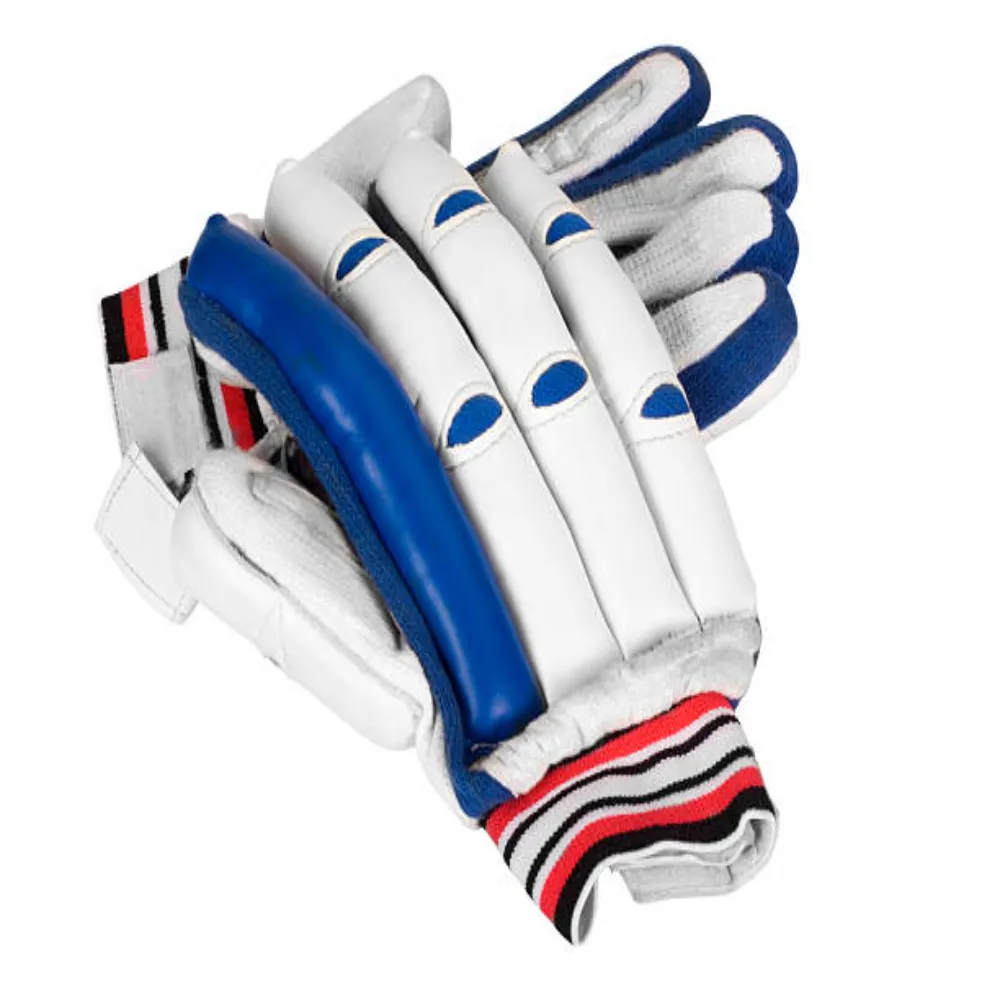 11Sports classic white batting gloves with royal blue outer protective finger roll and striped wristband.