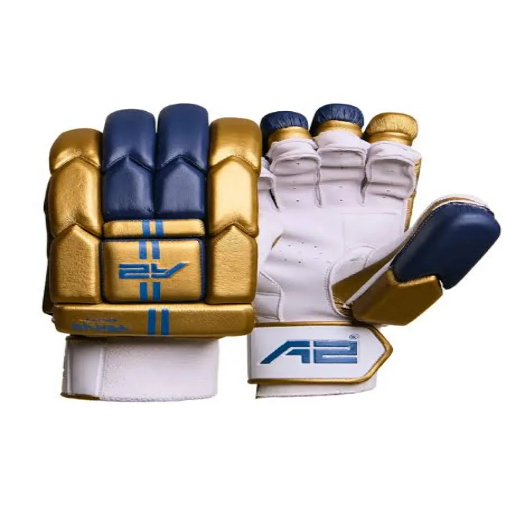 11Sports metallic gold and deep navy batting gloves displaying multi-split finger bolsters and white leather palm.