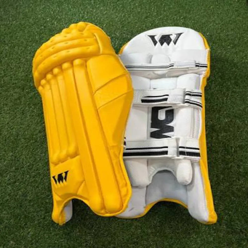 Front and back view of 11Sports bright yellow cricket batting pads with white adjustable leg straps.