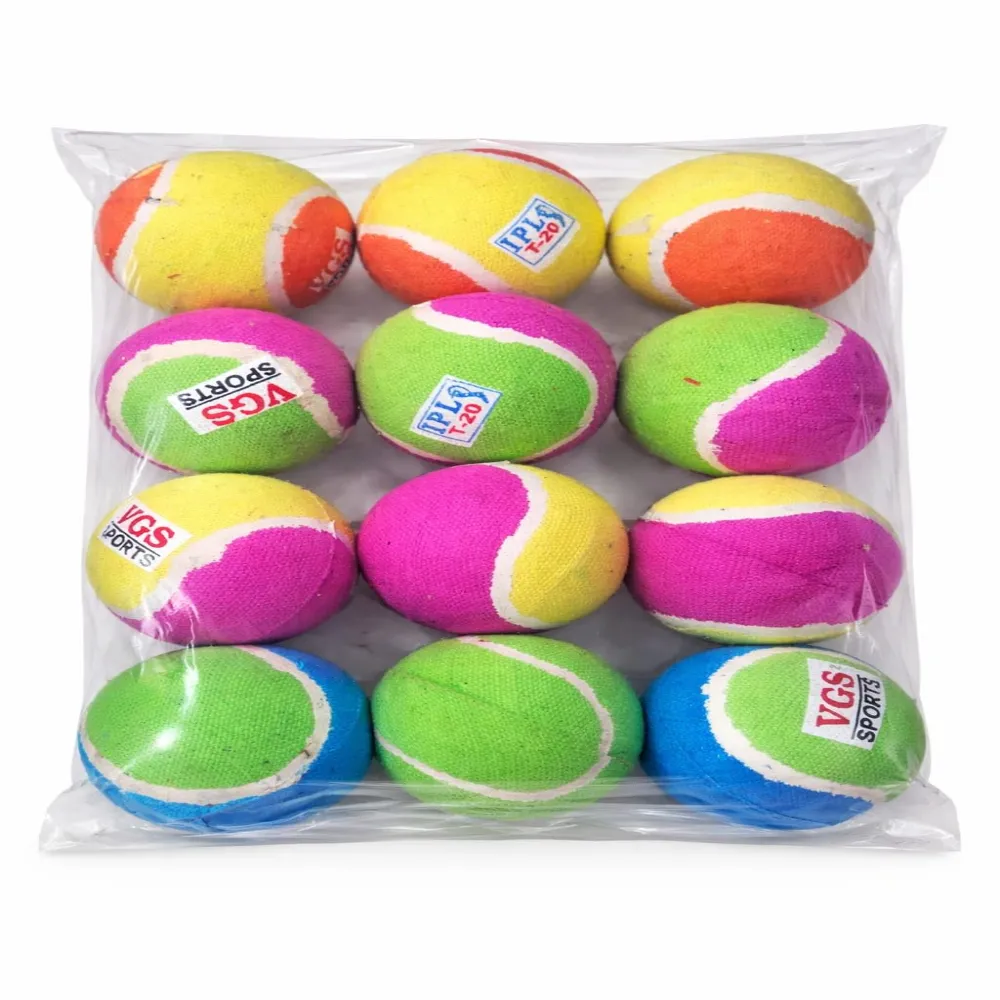 Transparent pack of twelve 11Sports multicolor heavy tennis cricket balls.