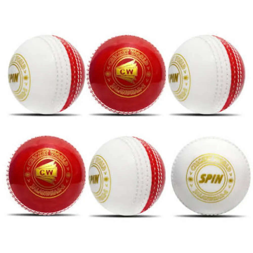 Six-panel showcase of 11Sports two-tone red and white cricket balls for spin and swing practice.