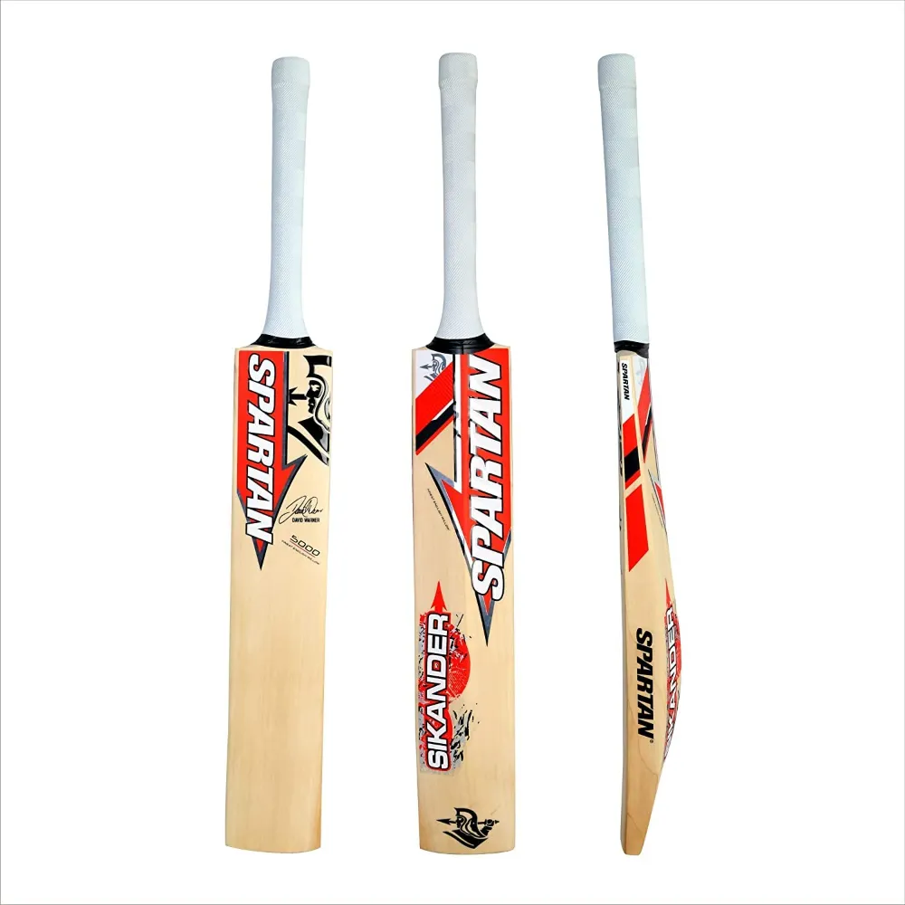Front, back, and side profile of the 11Sports Spartan Sikander English willow cricket bat with white chevron grip.