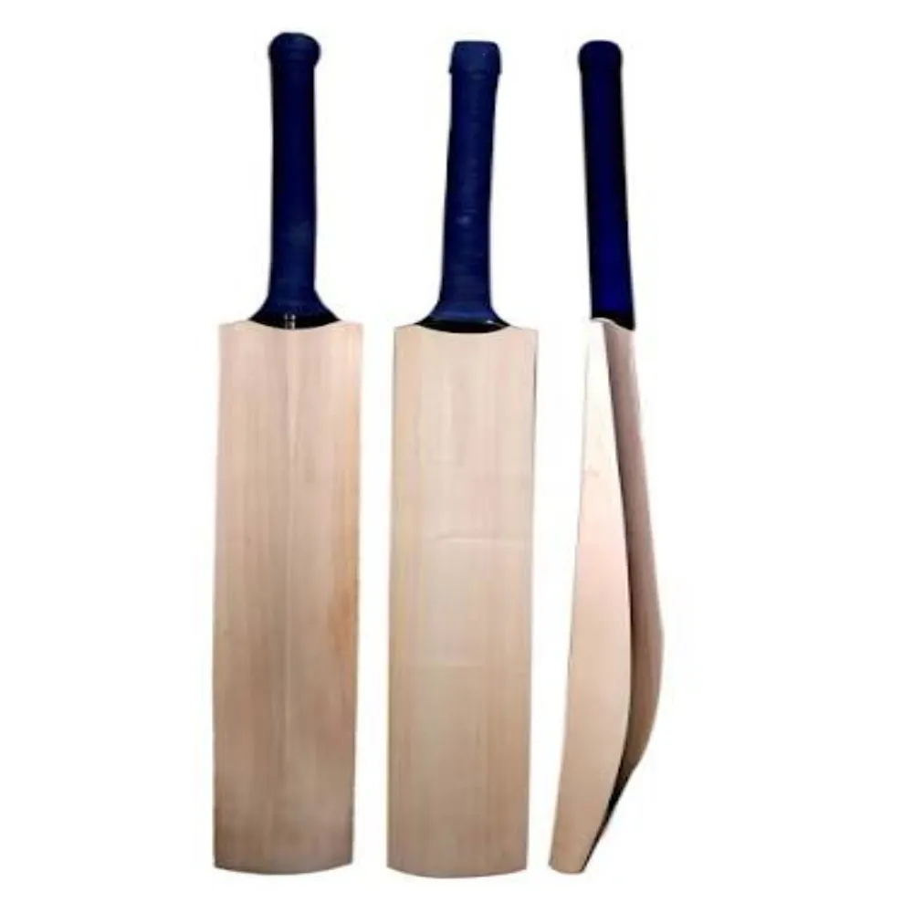 Front, back, and spine views of clean unbranded 11Sports willow cricket bats with dark navy grips.