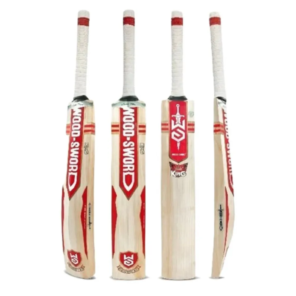11Sports Wood Sword King edition cricket bat displayed across four different angles with white grips.