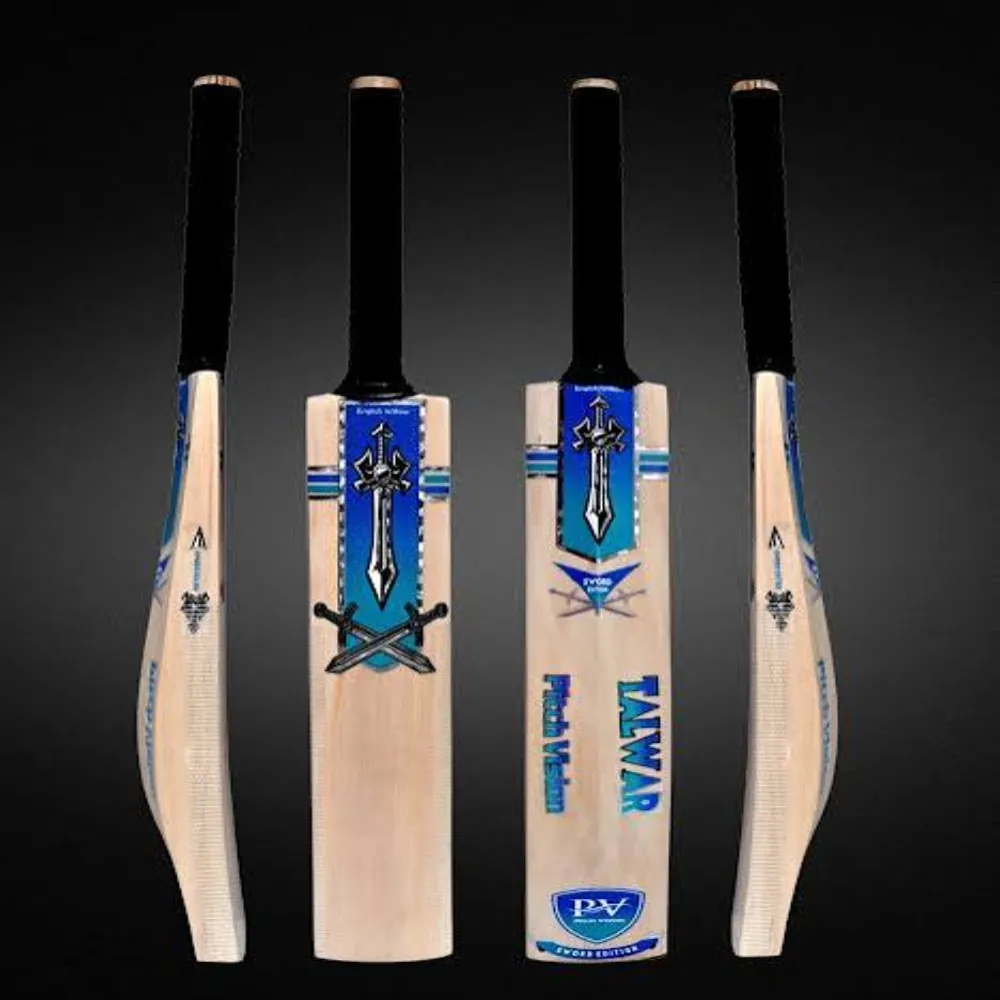 Multi-angle view of the 11Sports Talwar sword edition cricket bat with blue graphics and black grip.