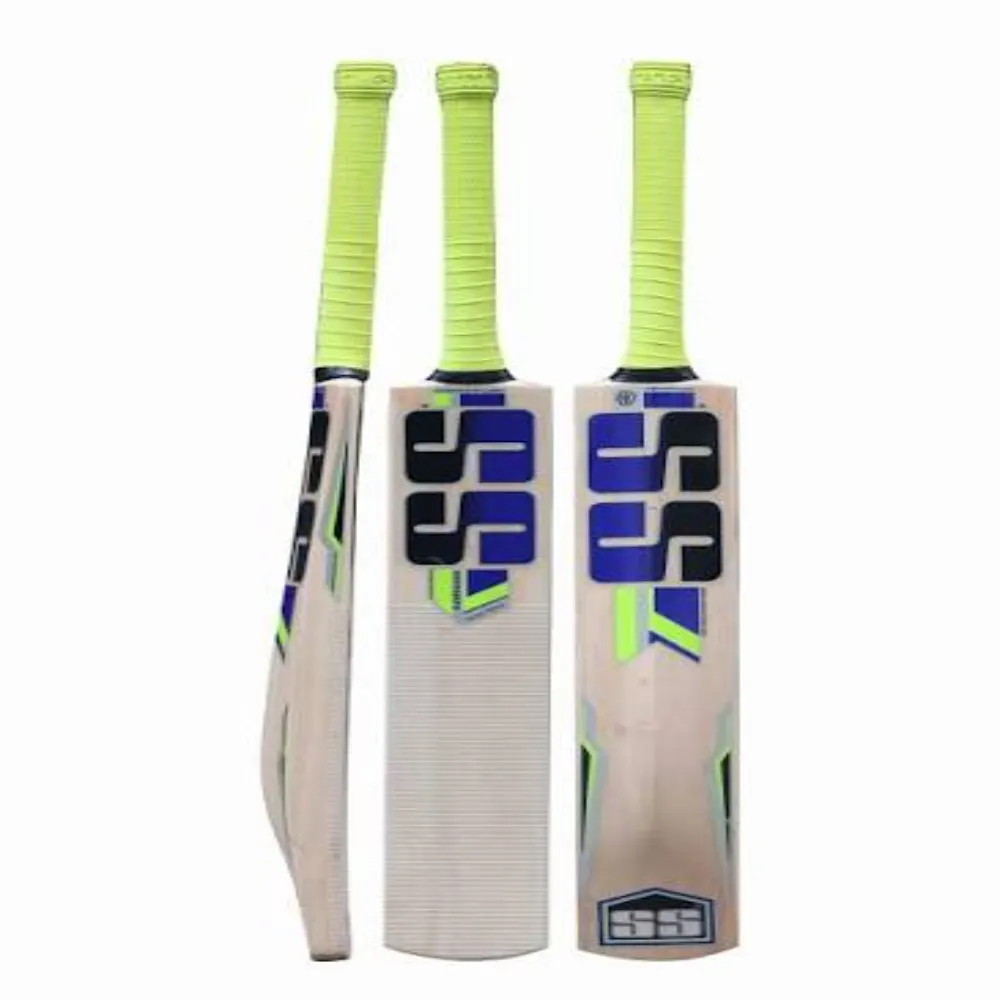Front, back, and edge view of the 11Sports SS Ton style cricket bat with vibrant lime green handle grips.