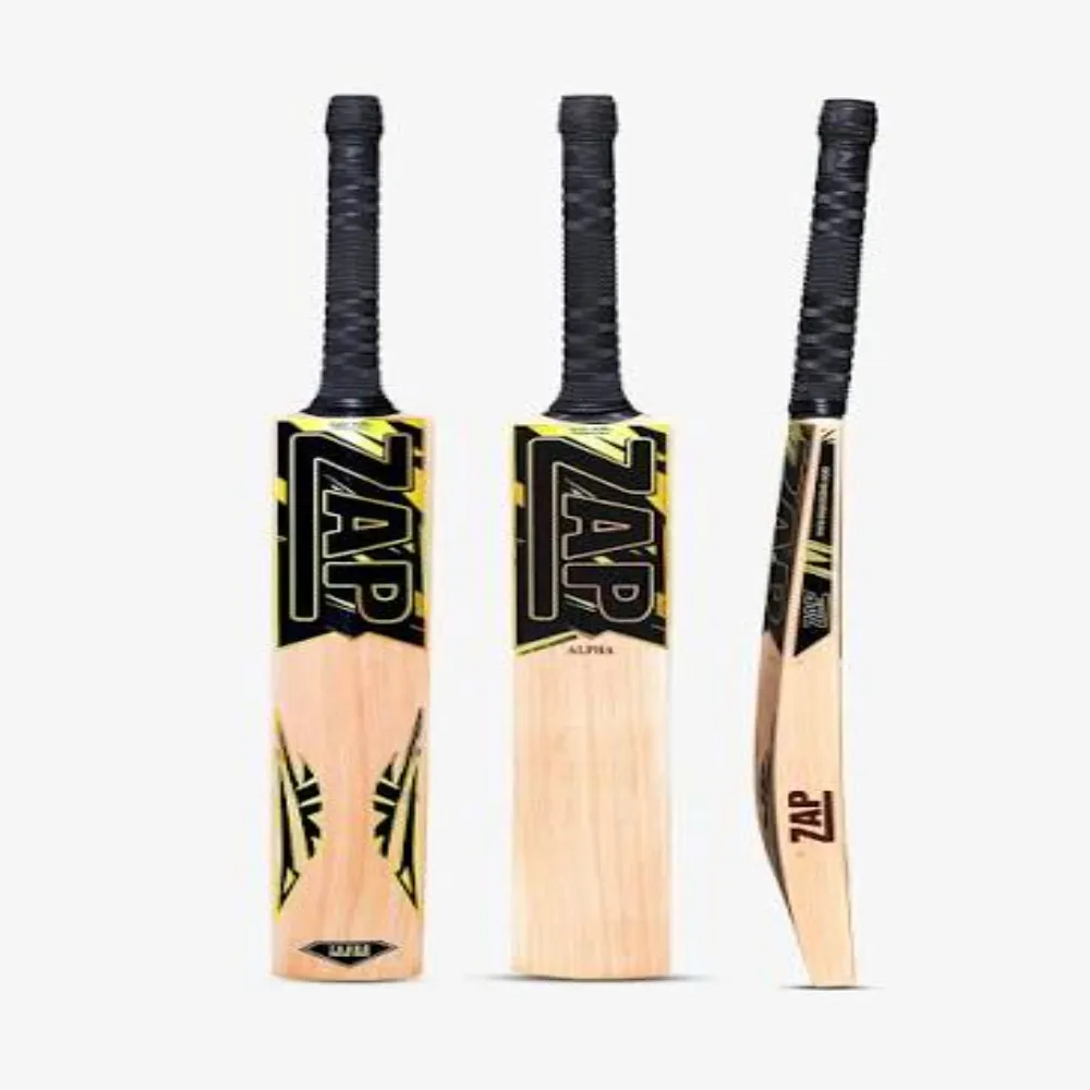 Front, back, and profile angles of the 11Sports ZAP Alpha cricket bat with gold geometric stickers.
