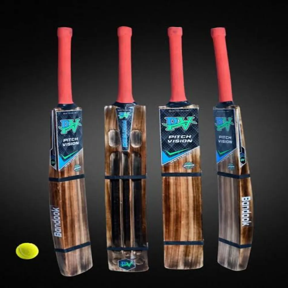 Four views of the 11Sports Bandook dark grain hard tennis cricket bat with neon stickers and coral handles.
