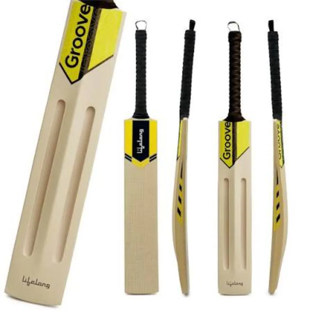 11Sports Groove cricket bat lineup with padded carry cover showing double carved rear blade channels.