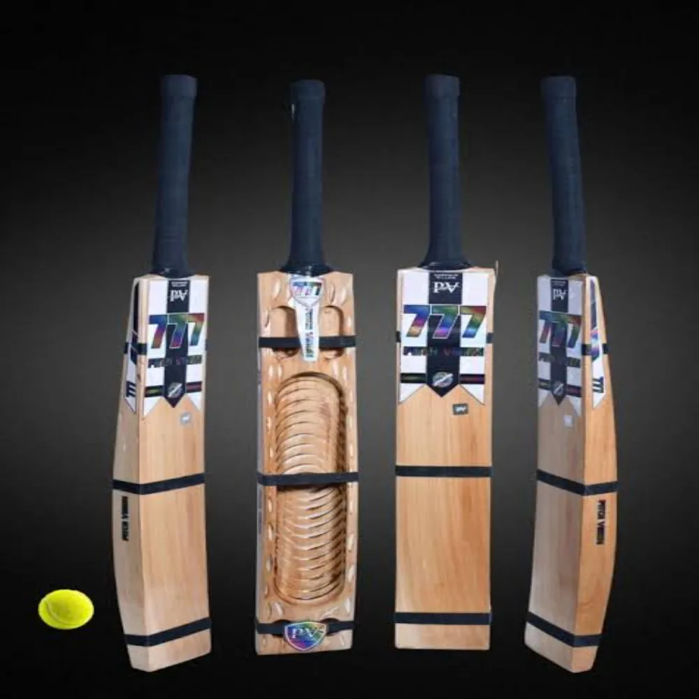 Multi-angle showcase of the 11Sports 777 Pitch Vision cricket bat with textured concave back scoop.