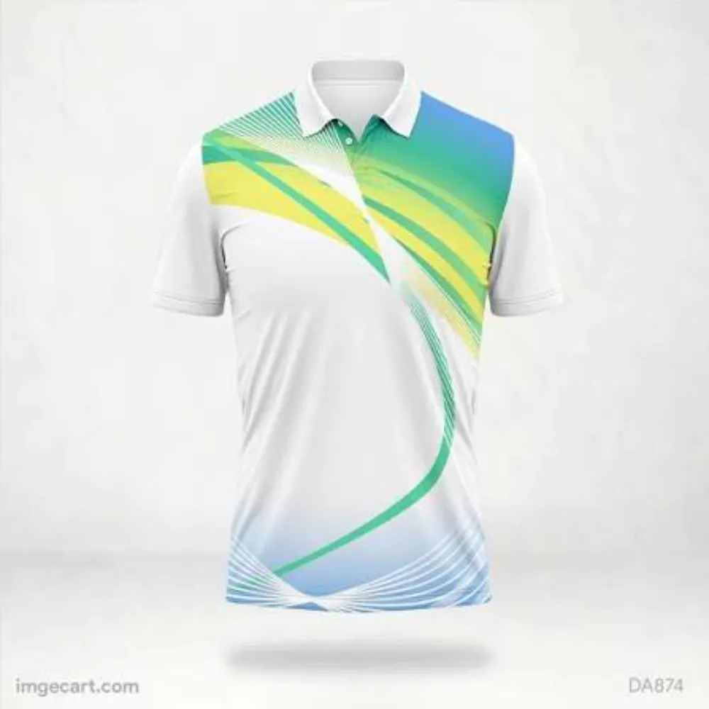 11Sports white cricket polo jersey featuring curved green, yellow, and cyan motion wave graphics.