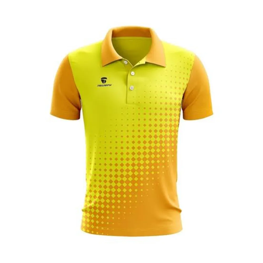 11Sports bright yellow athletic polo shirt with gold sleeves and diamond halftone pattern.