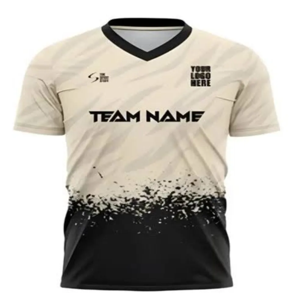 11Sports beige cream and black athletic v-neck jersey with distressed paint splatter graphics.