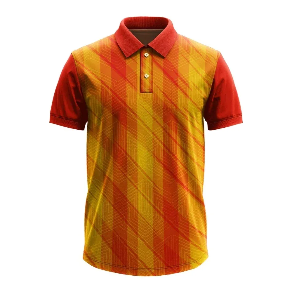 11Sports sunset orange and golden yellow cricket polo shirt featuring textured diagonal chevron patterns.