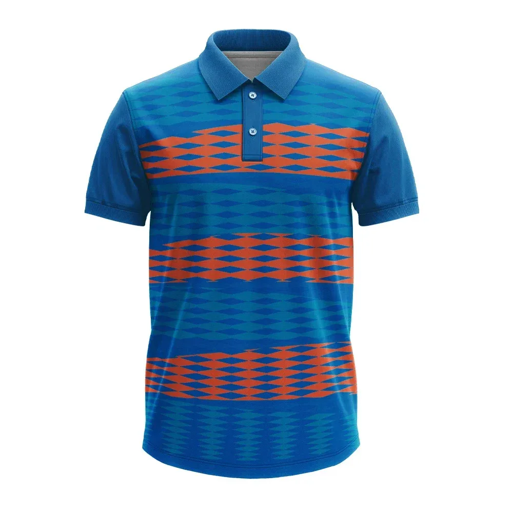 11Sports royal blue cricket polo jersey with horizontal orange and light blue diamond bands.