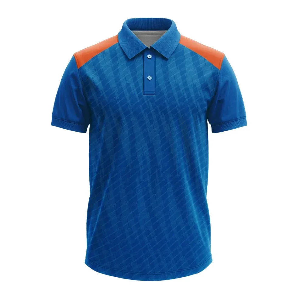 11Sports deep blue textured cricket polo shirt with bright orange contrast shoulder panels.