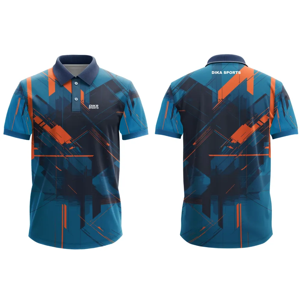 Front and back view of 11Sports deep teal and bright orange geometric sublimation polo cricket jersey.