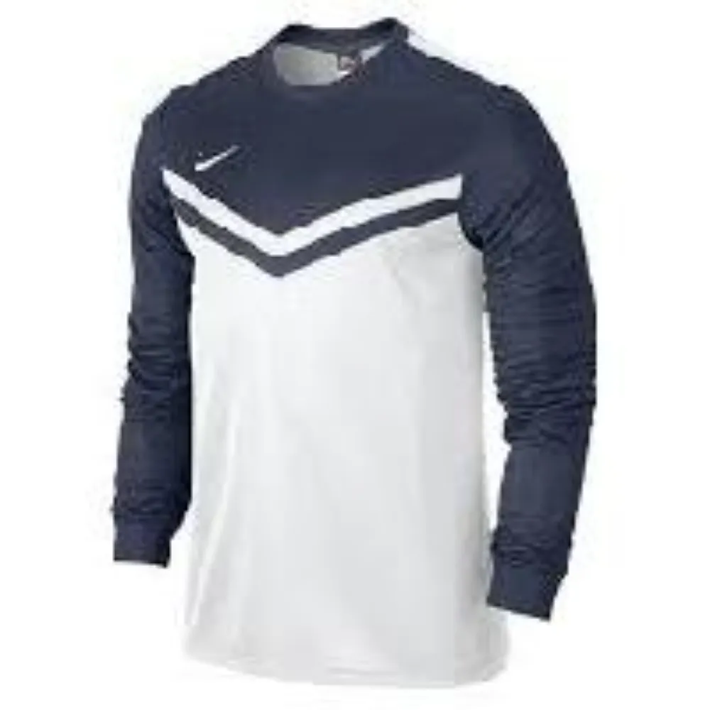 11Sports long sleeve crew neck athletic training jersey in navy blue and clean white chevron design.