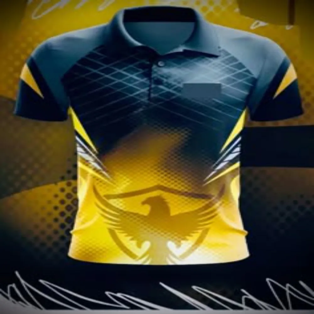 11Sports charcoal grey and golden yellow sublimated cricket polo jersey featuring soaring eagle crest graphics.
