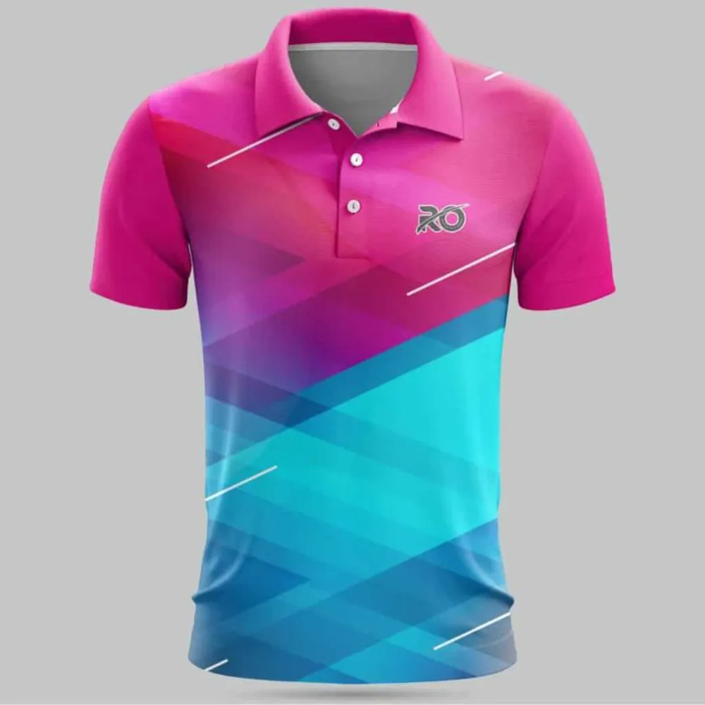 11Sports magenta pink and cyan blue diagonal gradient sublimated athletic polo shirt.