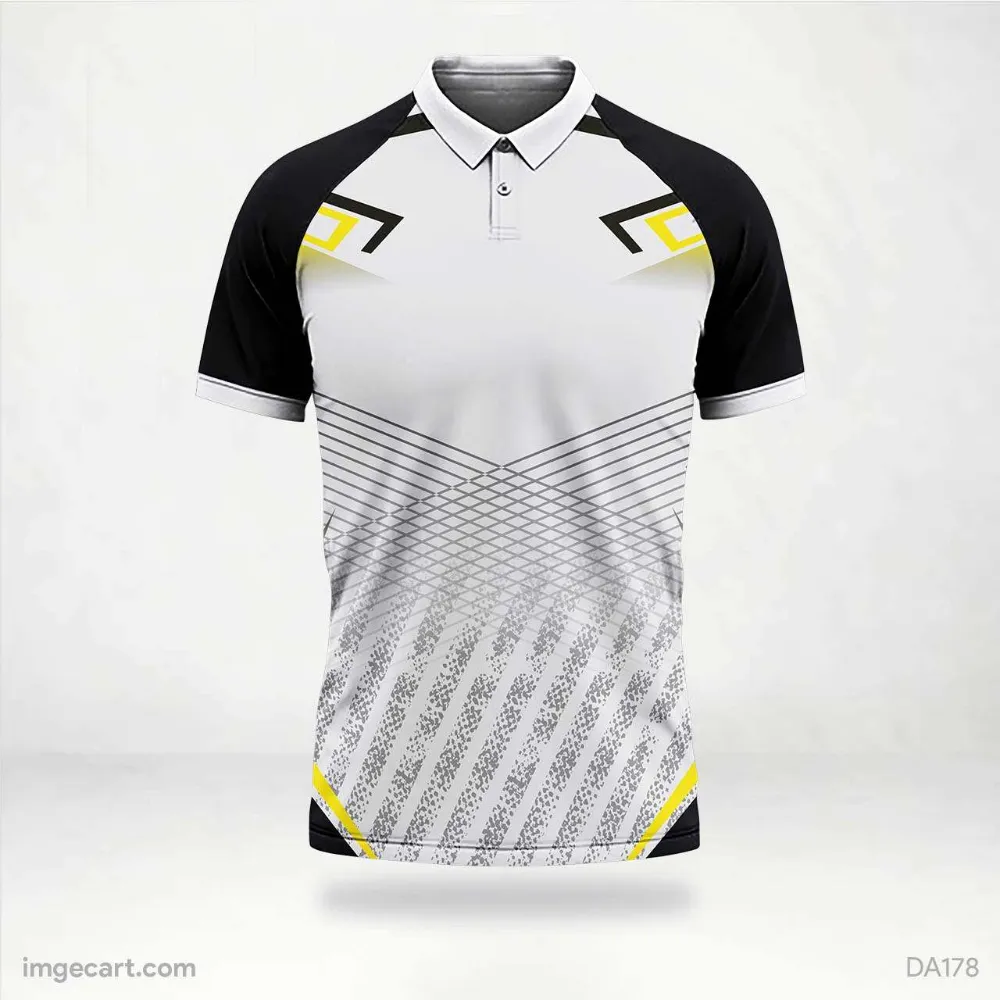 11Sports white cricket polo jersey with black raglan sleeves, yellow arrow accents, and textured lower-body lines.