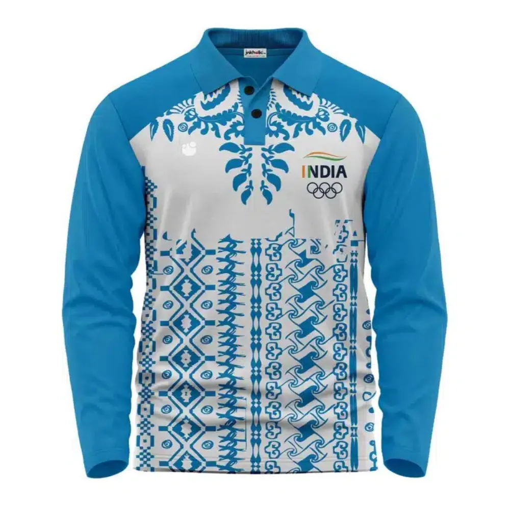 11Sports India edition light blue and white long sleeve cricket polo with traditional ethnic print patterns.