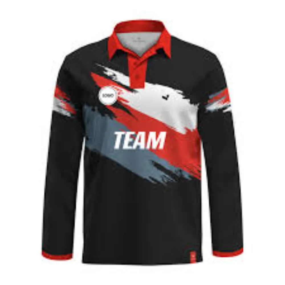 11Sports black long sleeve cricket polo jersey with dynamic red and grey brushstroke chest graphics.