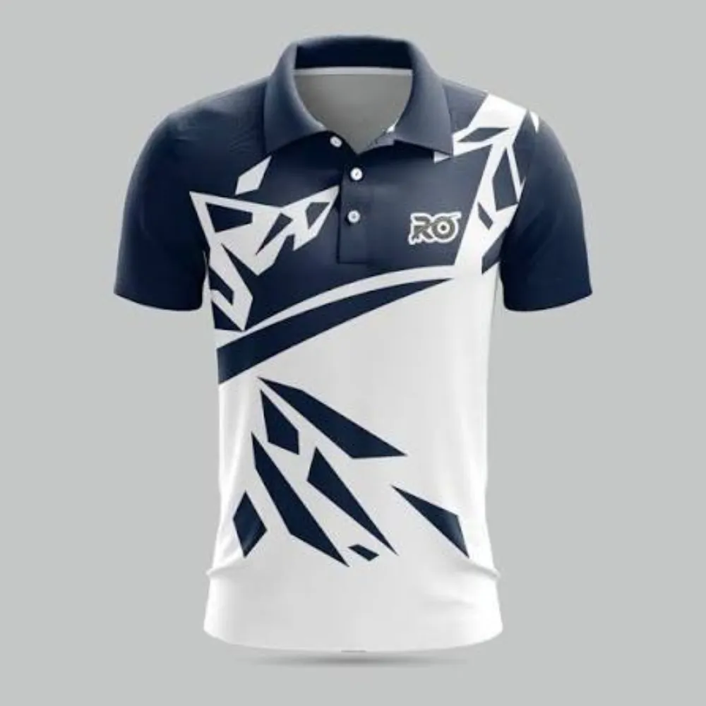 11Sports navy blue and white split athletic polo shirt featuring geometric shattered shard graphics.