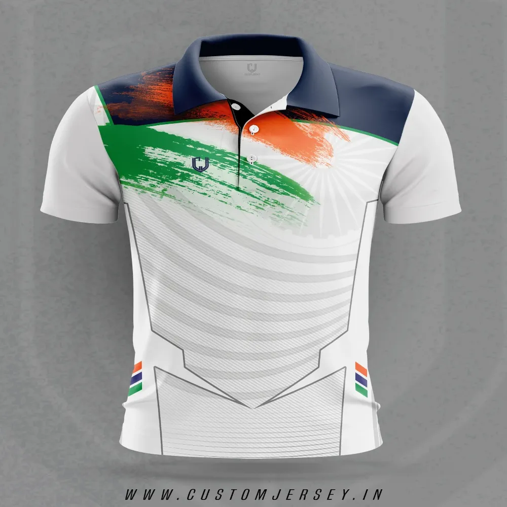11Sports white cricket polo jersey featuring artistic Indian tricolor saffron and green brushstrokes with navy collar.