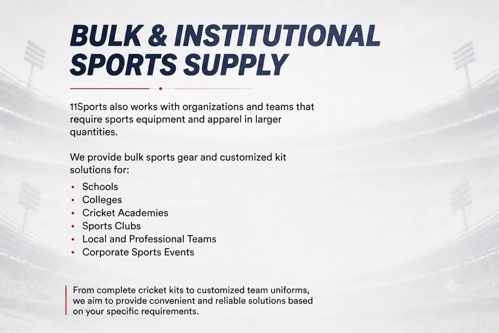 11Sports bulk and institutional sports supply banner detailing custom gear solutions for schools, colleges, and clubs.