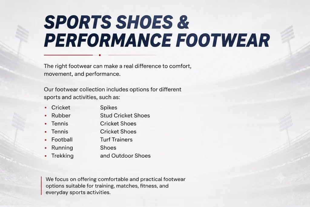 11Sports sports shoes and performance footwear graphic listing cricket spikes, rubber studs, and turf trainers.