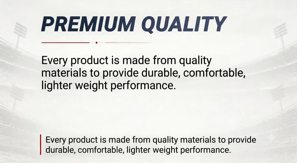 11Sports premium quality promise banner highlighting durable, comfortable, and lightweight sports gear.
