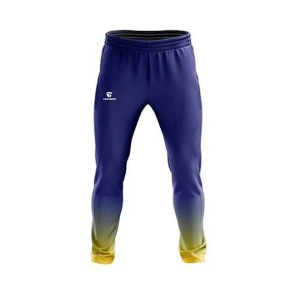 11Sports navy blue athletic track pants with yellow ombre cuffs and elastic drawstring waistband.