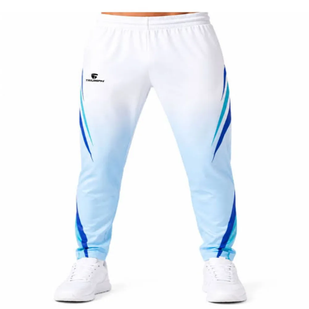 Front view of 11Sports white cricket track pants featuring light blue ombre fade and sharp cyan side arrows.