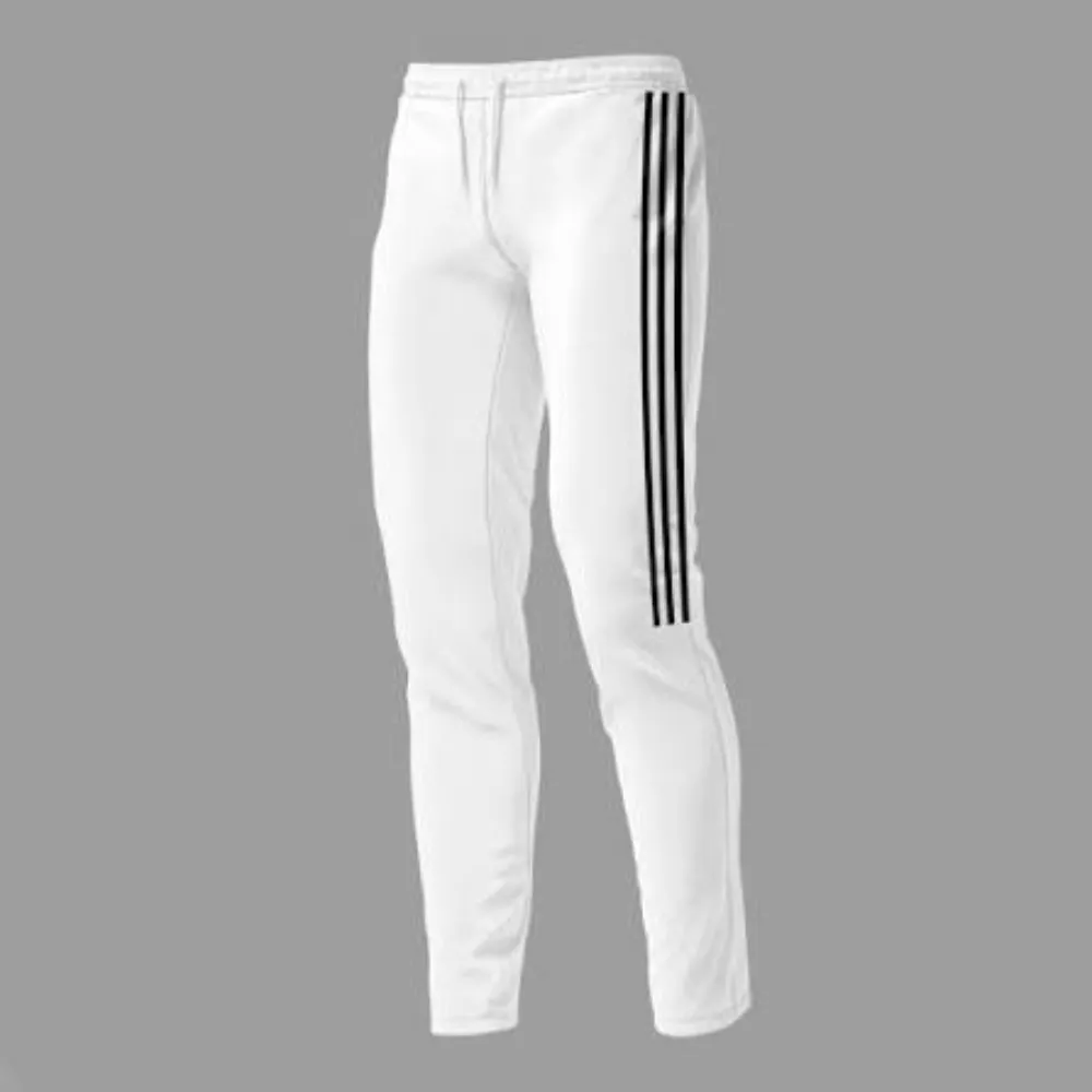 11Sports crisp white slim-fit track pants with classic black vertical side stripes.