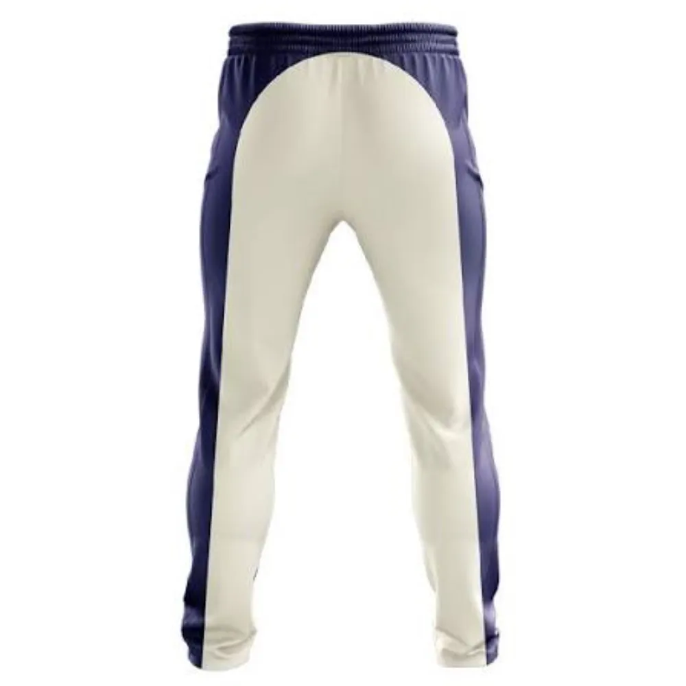 Back view of 11Sports athletic trousers featuring navy blue outer panels and a cream white center contour.