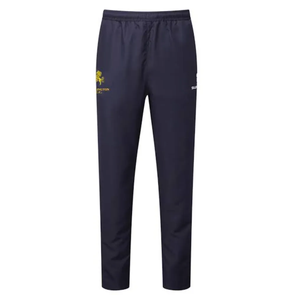 Flat display of 11Sports dark navy blue club track pants with yellow embroidered team crest.
