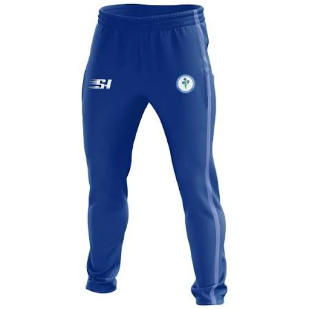 Front view of 11Sports royal blue cricket track pants with light blue side stripes and ribbed waistband.