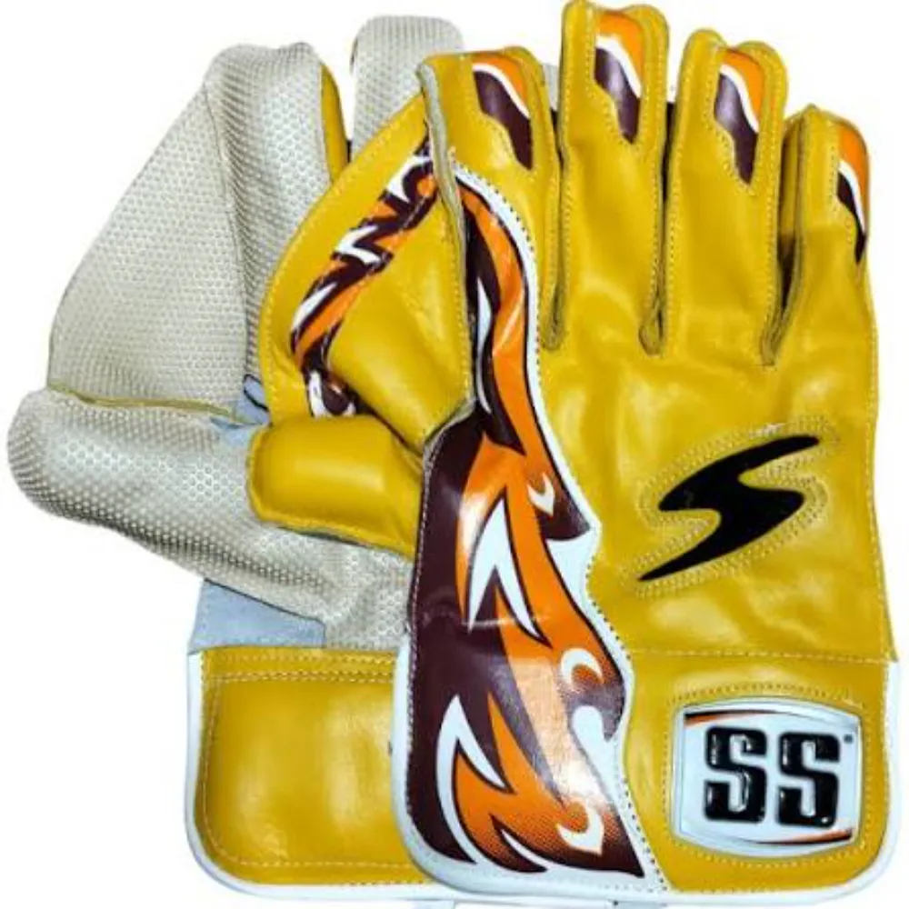 11Sports vibrant yellow wicket keeping gloves with flame graphic detailing and rubber dimple palm.